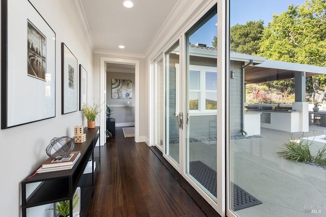 12 Nunes Dr, Novato, CA 94945 - corridor featuring ornamental molding, plenty of natural light, recessed lighting, dark wood-style flooring, and baseboards