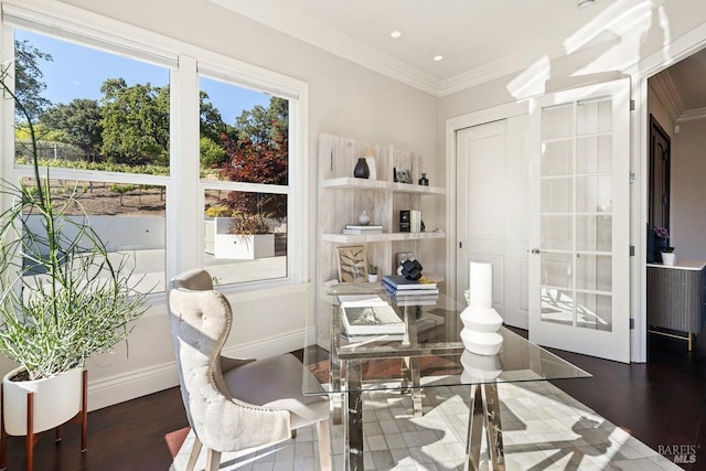 12 Nunes Dr, Novato, CA 94945 - office featuring dark wood-type flooring, ornamental molding, french doors, recessed lighting, and baseboards