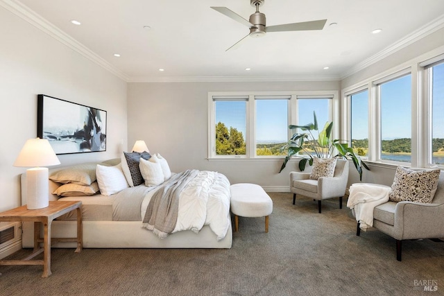 12 Nunes Dr, Novato, CA 94945 - carpeted bedroom with recessed lighting, baseboards, ornamental molding, and ceiling fan
