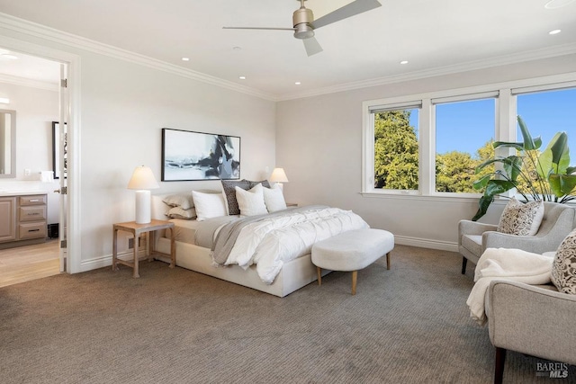 12 Nunes Dr, Novato, CA 94945 - bedroom featuring light colored carpet, baseboards, ornamental molding, recessed lighting, and ceiling fan