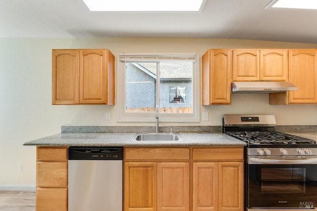 213 Sperry Ave, Vallejo, CA 94590 - kitchen featuring appliances with stainless steel finishes, under cabinet range hood, a sink, and light brown cabinetry