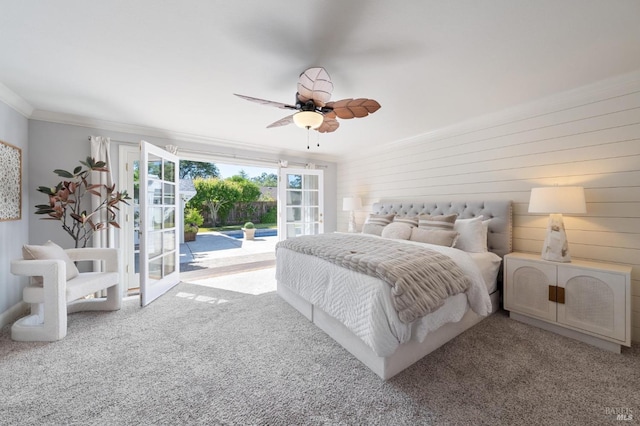 249 Los Palos St, Sonoma, CA 95476 - bedroom featuring access to exterior, ornamental molding, carpet flooring, and ceiling fan