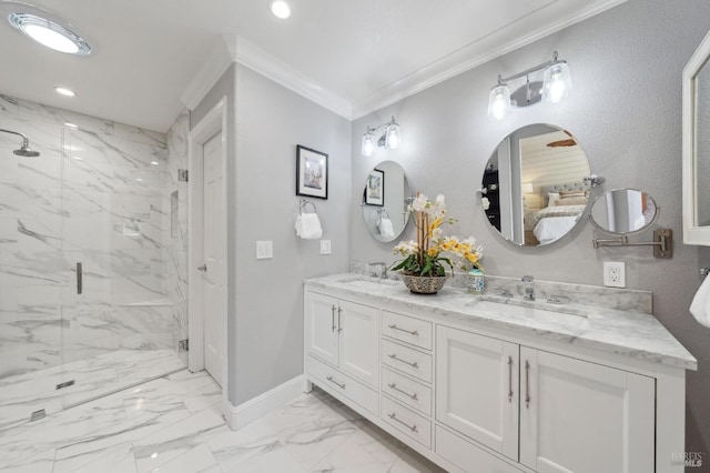 249 Los Palos St, Sonoma, CA 95476 - full bathroom featuring marble finish flooring, a marble finish shower, baseboards, crown molding, and recessed lighting