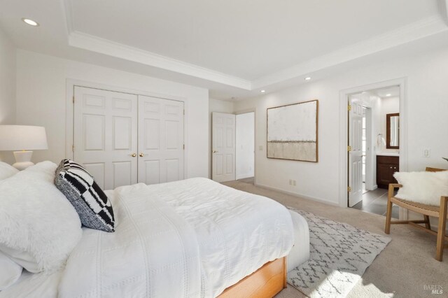249 Los Palos St, Sonoma, CA 95476 - bedroom featuring a tray ceiling, carpet, recessed lighting, ornamental molding, and a closet