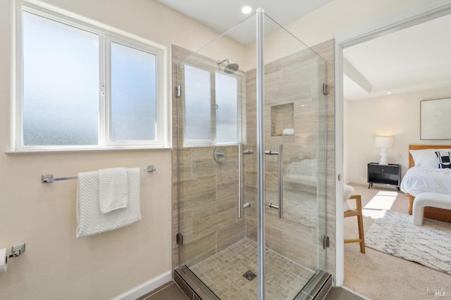 249 Los Palos St, Sonoma, CA 95476 - bathroom with ensuite bath, plenty of natural light, a shower stall, and baseboards