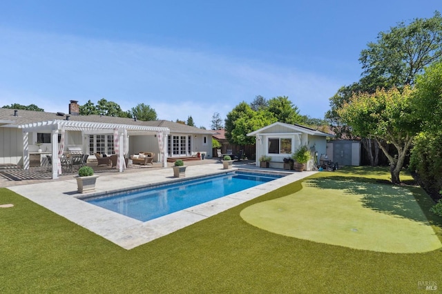 249 Los Palos St, Sonoma, CA 95476 - swimming pool featuring a pergola, a putting green, a patio, an outdoor structure, and a fenced backyard