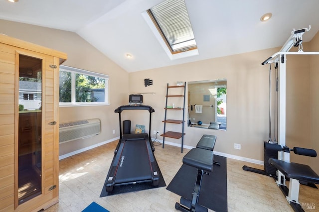 249 Los Palos St, Sonoma, CA 95476 - workout area featuring vaulted ceiling, a skylight, recessed lighting, a wall mounted AC, and baseboards