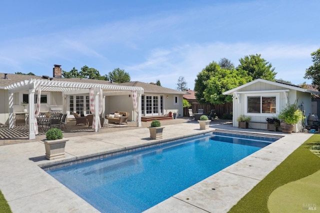 249 Los Palos St, Sonoma, CA 95476 - view of pool featuring a pergola, a patio area, an outdoor living space, fence, and an outbuilding