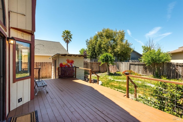 wooden terrace featuring a fenced backyard