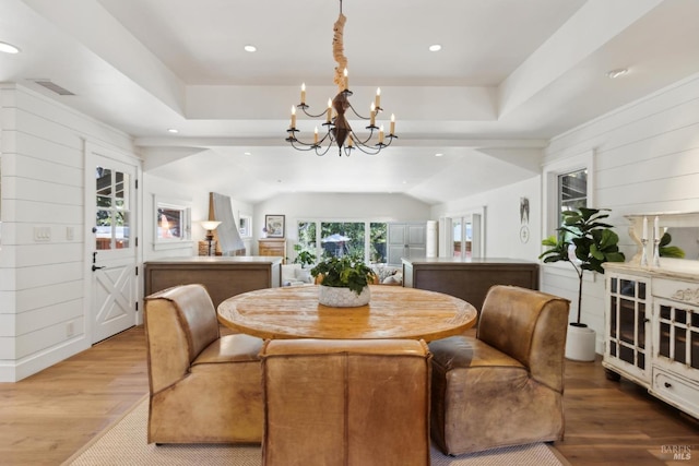 2170 Vineyard Rd, Novato, CA 94947 - dining room with wood finished floors, a chandelier, a tray ceiling, and recessed lighting