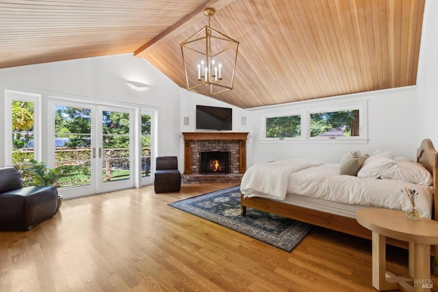 2170 Vineyard Rd, Novato, CA 94947 - bedroom featuring wooden ceiling, access to outside, lofted ceiling, a chandelier, and wood finished floors