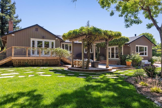 2170 Vineyard Rd, Novato, CA 94947 - back of house featuring a wooden deck, a pergola, and a lawn