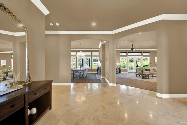 3287 Congressional Ct, Fairfield, CA 94534 - entrance foyer with arched walkways, a ceiling fan, crown molding, baseboards, and recessed lighting