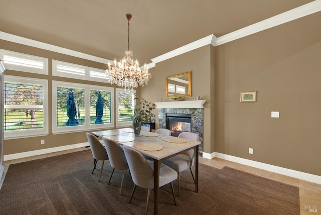 3287 Congressional Ct, Fairfield, CA 94534 - tiled dining space featuring a chandelier, a high end fireplace, baseboards, healthy amount of natural light, and crown molding