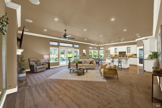 3287 Congressional Ct, Fairfield, CA 94534 - living area featuring dark carpet, recessed lighting, ceiling fan, baseboards, and crown molding
