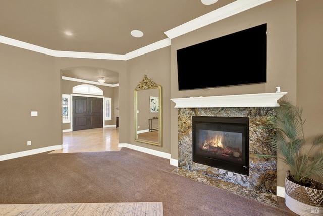 3287 Congressional Ct, Fairfield, CA 94534 - unfurnished living room featuring carpet flooring, baseboards, ornamental molding, and a fireplace