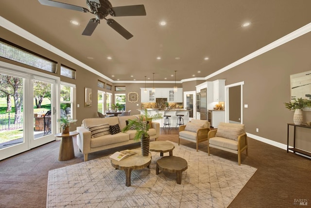 3287 Congressional Ct, Fairfield, CA 94534 - living room with dark colored carpet, recessed lighting, a ceiling fan, baseboards, and ornamental molding