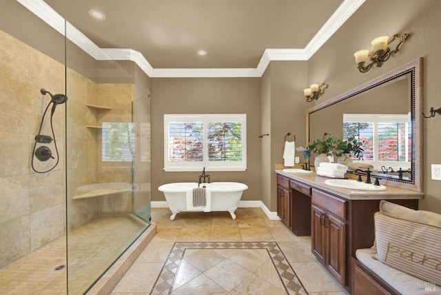 3287 Congressional Ct, Fairfield, CA 94534 - bathroom featuring baseboards, healthy amount of natural light, walk in shower, crown molding, and a soaking tub