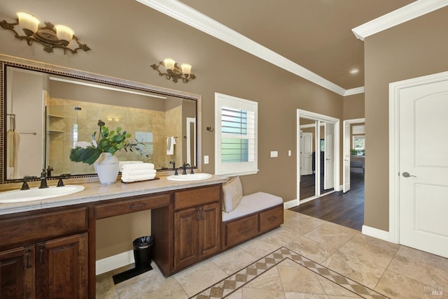 3287 Congressional Ct, Fairfield, CA 94534 - bathroom featuring crown molding, a shower stall, double vanity, baseboards, and tile patterned floors