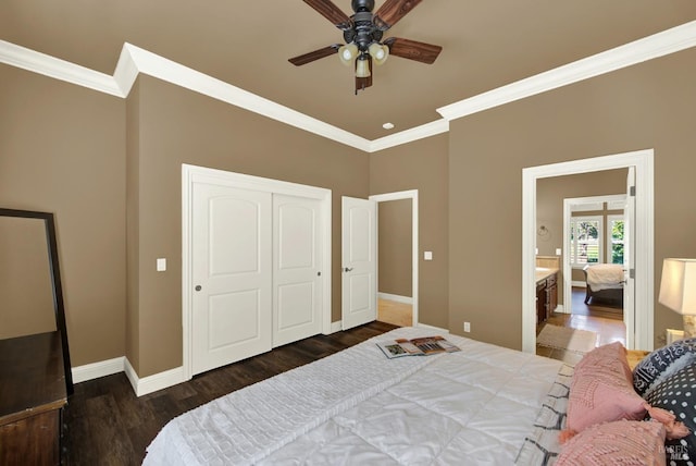 3287 Congressional Ct, Fairfield, CA 94534 - bedroom featuring ornamental molding, wood finished floors, baseboards, a closet, and a ceiling fan