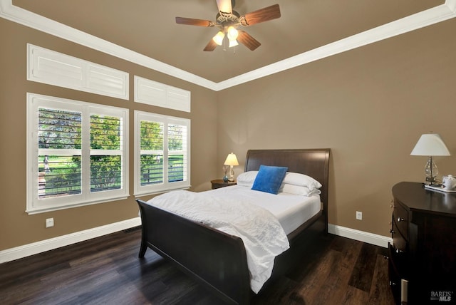 3287 Congressional Ct, Fairfield, CA 94534 - bedroom featuring baseboards, ornamental molding, dark wood-style flooring, and ceiling fan