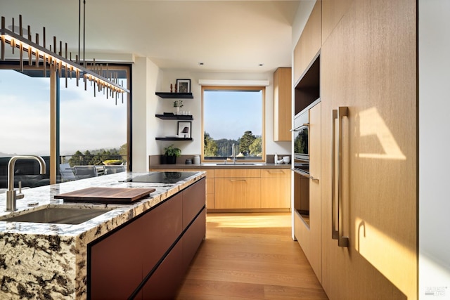 2 Upper Alcatraz Pl, Mill Valley, CA 94941 - kitchen with open shelves, modern cabinets, black appliances, a sink, and light wood finished floors