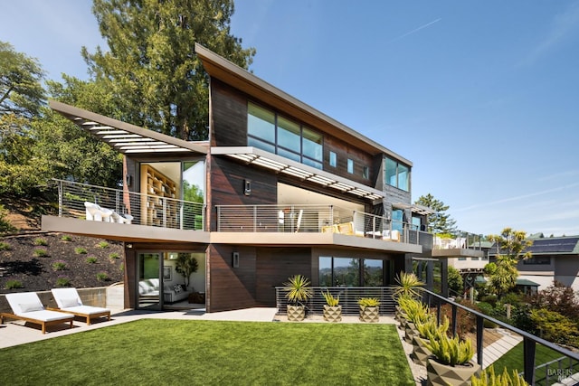 2 Upper Alcatraz Pl, Mill Valley, CA 94941 - rear view of property with a balcony, a lawn, an outdoor hangout area, and a patio area