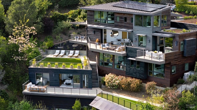 2 Upper Alcatraz Pl, Mill Valley, CA 94941 - back of property with stairs, a standing seam roof, an outdoor living space, and metal roof