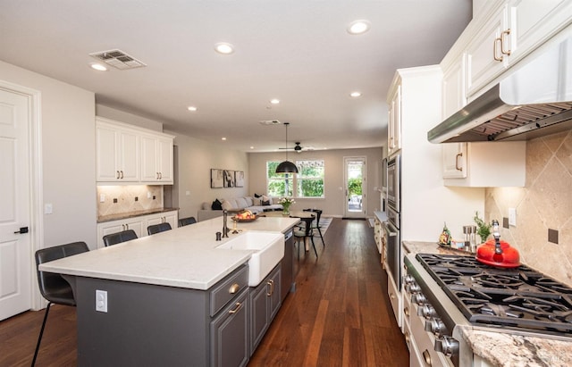 4152 Casper Way, Napa, CA 94558 - kitchen featuring a sink, gray cabinetry, under cabinet range hood, stainless steel appliances, and white cabinetry