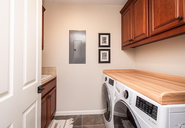 4152 Casper Way, Napa, CA 94558 - clothes washing area with washing machine and dryer, cabinet space, electric panel, baseboards, and dark tile patterned floors