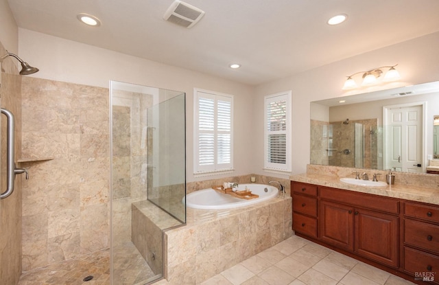 4152 Casper Way, Napa, CA 94558 - full bath with a shower stall, tile patterned flooring, a garden tub, vanity, and recessed lighting