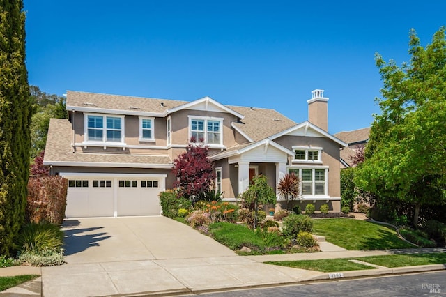 4152 Casper Way, Napa, CA 94558 - craftsman-style house with concrete driveway, stucco siding, a garage, a chimney, and roof with shingles