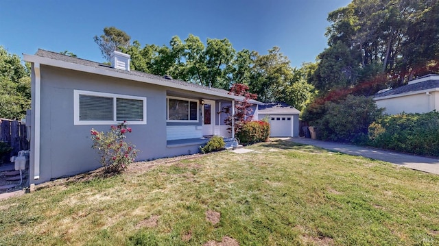 ranch-style house featuring a chimney, a front yard, a garage, driveway, and stucco siding