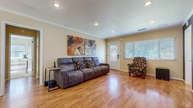 living area with ornamental molding, light wood-style flooring, baseboards, and recessed lighting