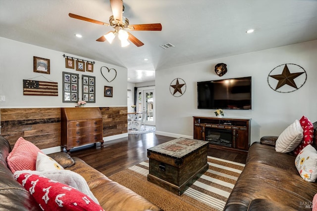 1805 Central Ave, Napa, CA 94558 - living room featuring ceiling fan, wood finished floors, recessed lighting, baseboards, and a fireplace