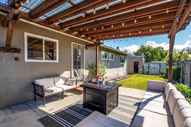 1805 Central Ave, Napa, CA 94558 - view of patio with outdoor lounge area, a storage unit, and an outbuilding