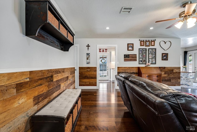 1805 Central Ave, Napa, CA 94558 - living area with wainscoting, dark wood-style floors, a ceiling fan, recessed lighting, and wooden walls