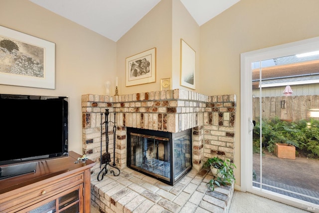 226 Usher Dr, Windsor, CA 95492 - carpeted living room featuring lofted ceiling and a brick fireplace