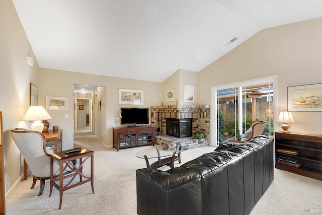 226 Usher Dr, Windsor, CA 95492 - living room featuring light carpet, vaulted ceiling, baseboards, and a brick fireplace