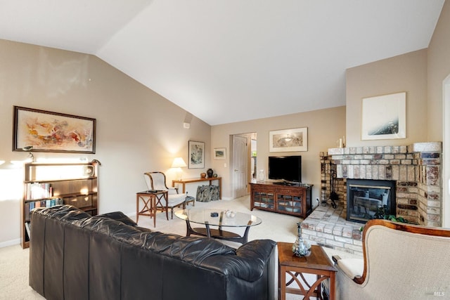 226 Usher Dr, Windsor, CA 95492 - living area featuring light carpet, lofted ceiling, and a brick fireplace