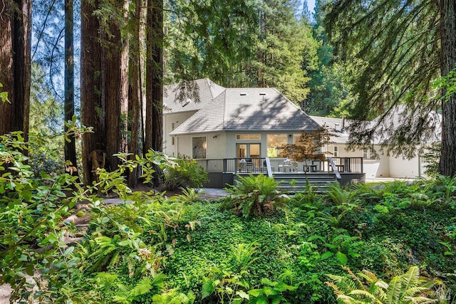 711 Furlong Rd, Sebastopol, CA 95472 - back of property featuring stucco siding, a deck, french doors, and roof with shingles