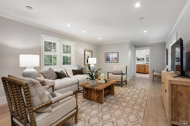 711 Furlong Rd, Sebastopol, CA 95472 - living room featuring light wood-type flooring, recessed lighting, ornamental molding, a chandelier, and baseboards