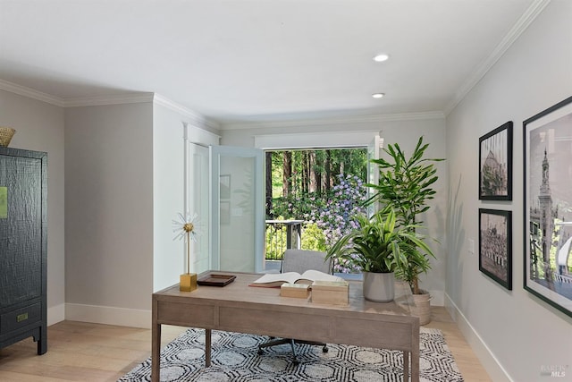 711 Furlong Rd, Sebastopol, CA 95472 - office space with light wood-style flooring, recessed lighting, baseboards, and ornamental molding