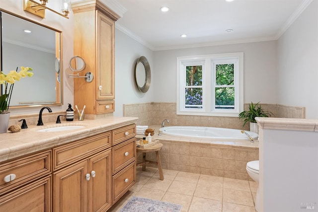 711 Furlong Rd, Sebastopol, CA 95472 - bathroom featuring a bath, crown molding, toilet, vanity, and recessed lighting