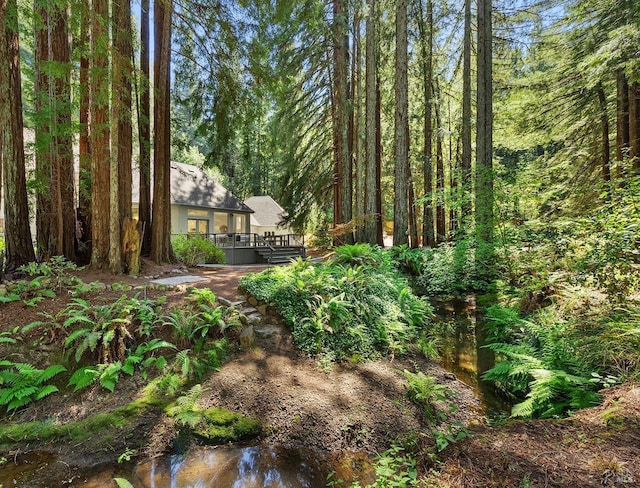 711 Furlong Rd, Sebastopol, CA 95472 - view of yard with a wooden deck and a forest view