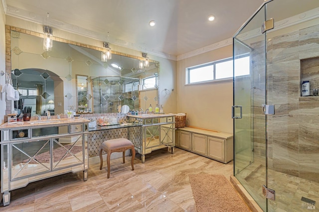 bathroom featuring a stall shower, ornamental molding, vanity, recessed lighting, and lofted ceiling