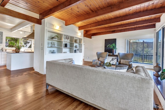 4444 Redwood Rd, Napa, CA 94558 - living room with wood finished floors, wood ceiling, baseboards, and beamed ceiling