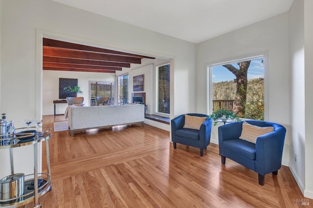 4444 Redwood Rd, Napa, CA 94558 - living area with beamed ceiling, wood finished floors, and baseboards