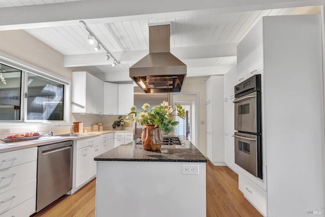 4444 Redwood Rd, Napa, CA 94558 - kitchen with stainless steel appliances, island exhaust hood, wooden ceiling, a sink, and white cabinets