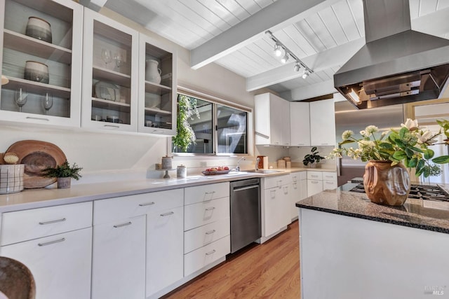 4444 Redwood Rd, Napa, CA 94558 - kitchen with wall chimney exhaust hood, stainless steel dishwasher, wooden ceiling, beamed ceiling, and white cabinetry